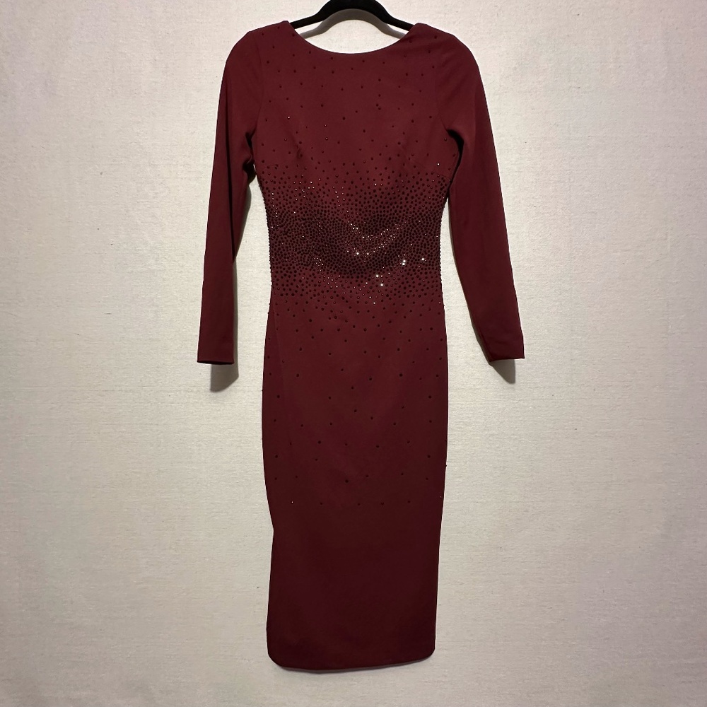 Dress the Population Wine Long Sleeve Bodycon Midi Dress with Rhinestones
